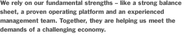 We rely on our fundamental strengths – like a strong balance sheet, a proven operating platform and an experienced management team. Together, they are helping us meet the demands of a challenging economy.